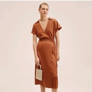 Mango Rust-Orange Wrap Midi Dress